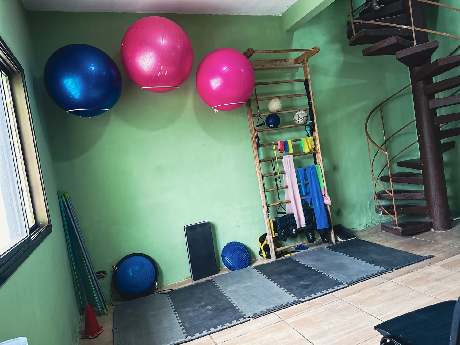 Sala de atendimento da Clínica Diomed com bolas, espaldar e material de exercício